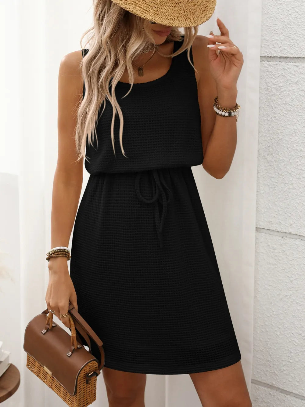 Waffle-Knit Drawstring Tank Dress