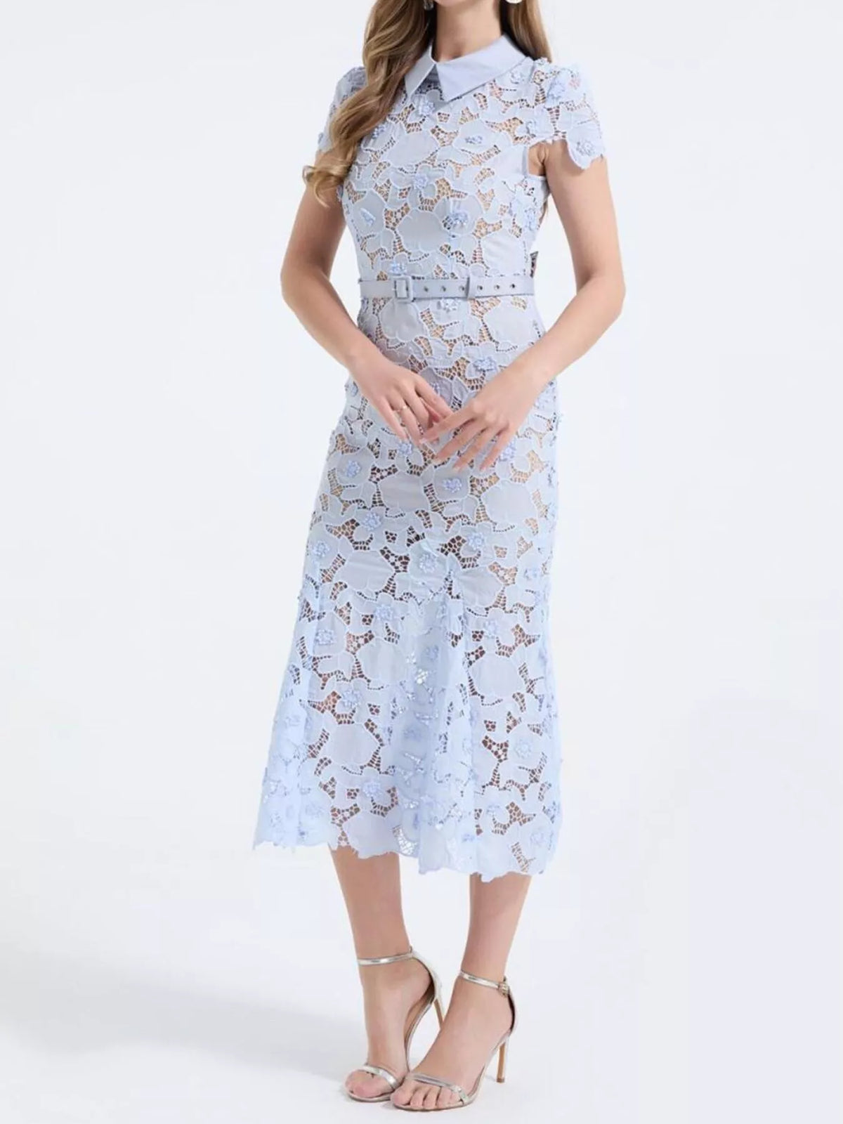 Floral Lace Short-Sleeve Midi Dress