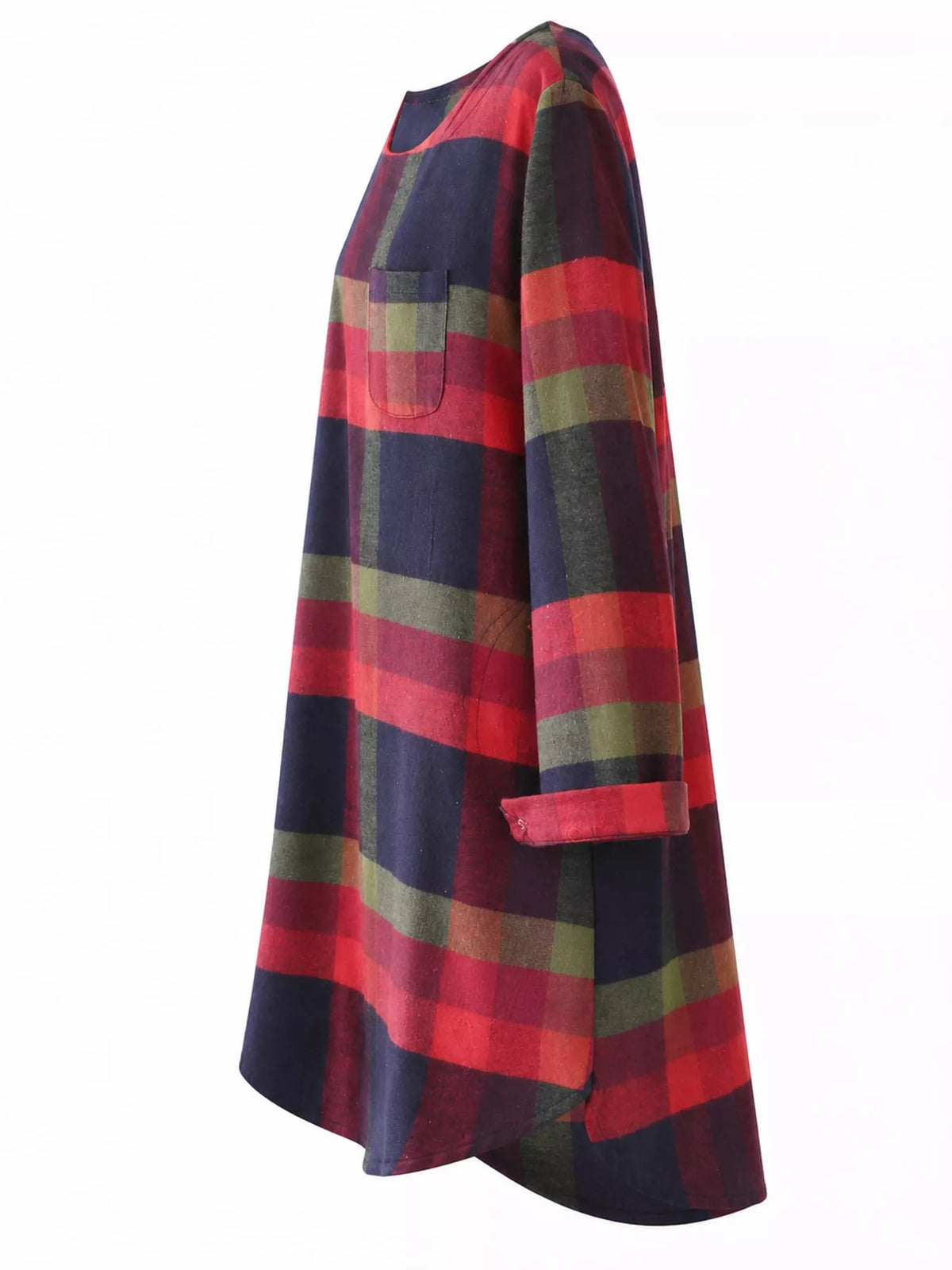 Red and Blue Plaid Vintage Long Sleeve Dress in Red And Blue-Plaid