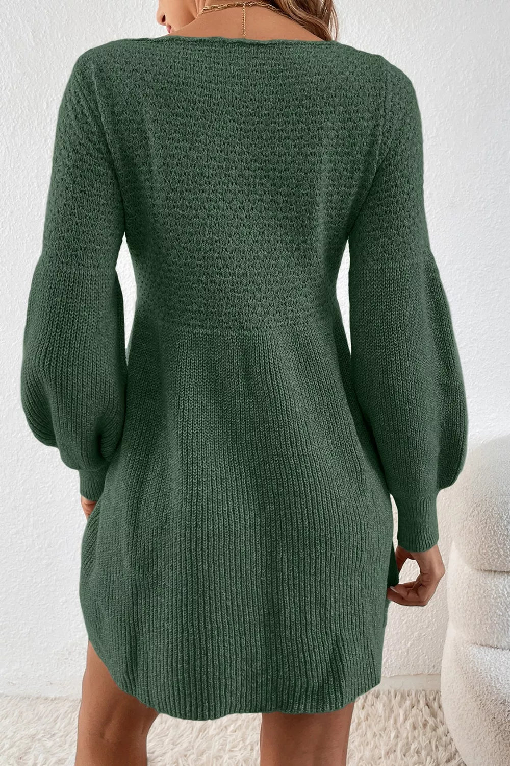 Round Neck Long Sleeve Mini Dress in Dark Green
