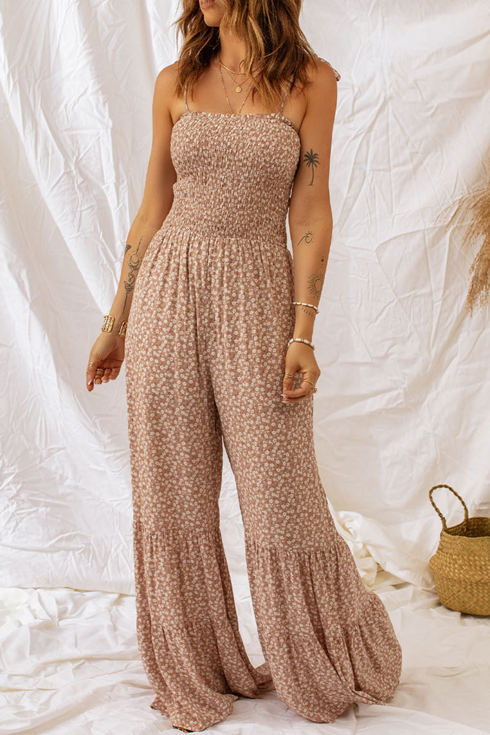 Floral Smocked Wide Leg Jumpsuit in Camel