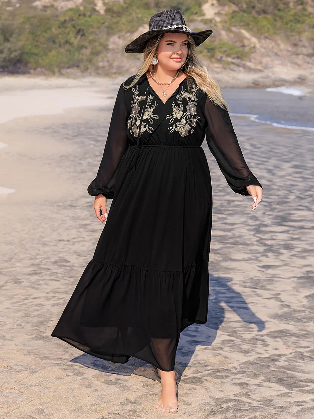 Embroidered Tie-Neck Long Sleeve Dress in Black