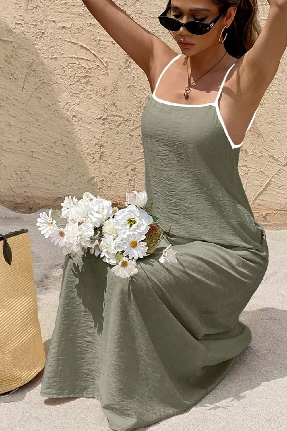 Spaghetti Strap Contrast Trim Maxi Dress in Matcha Green