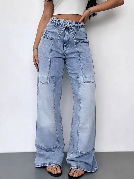 Tie-Waist Wide Leg Cargo Jeans in Blue