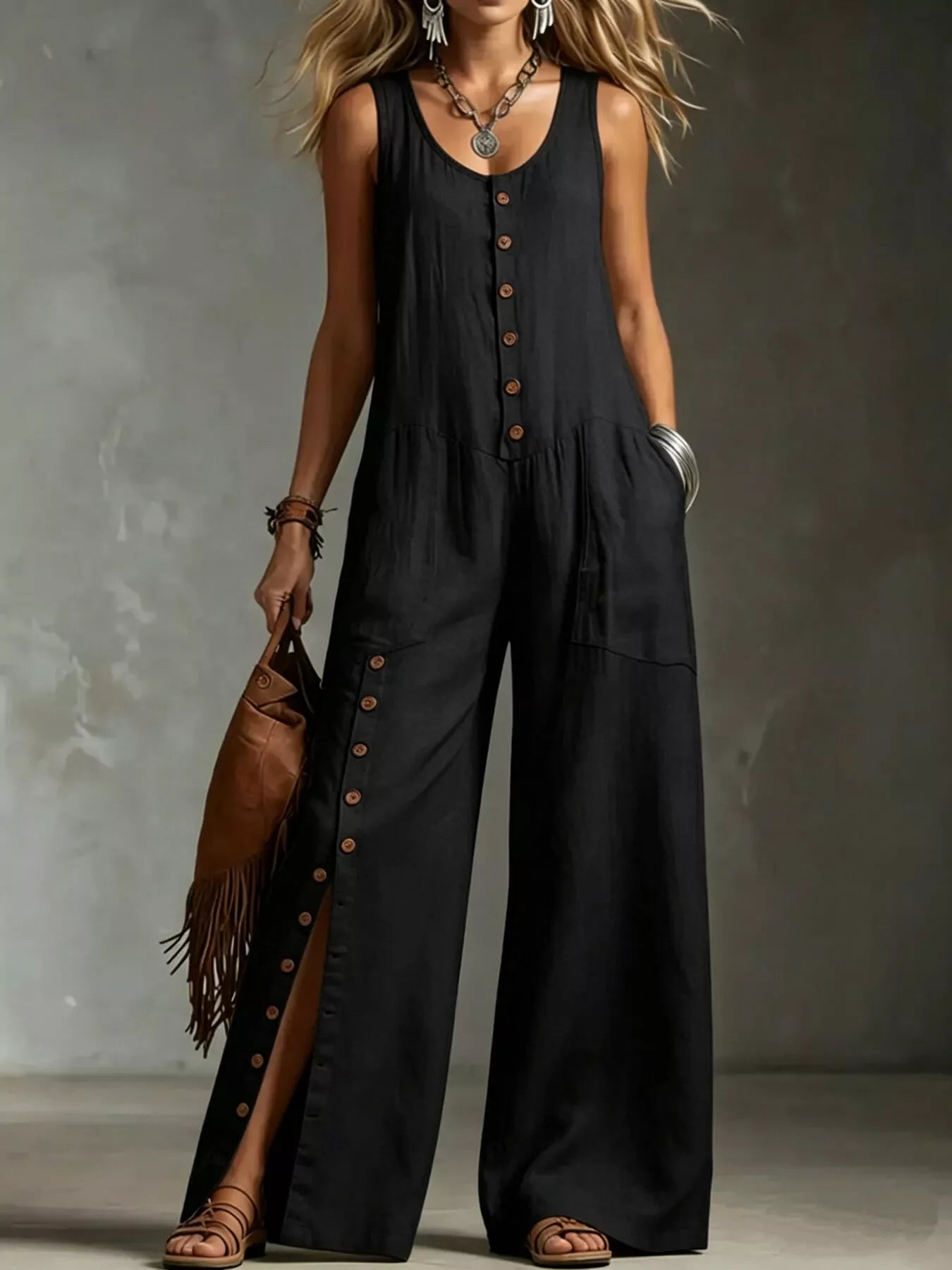 Sleeveless Button-Down Wide-Leg Jumpsuit