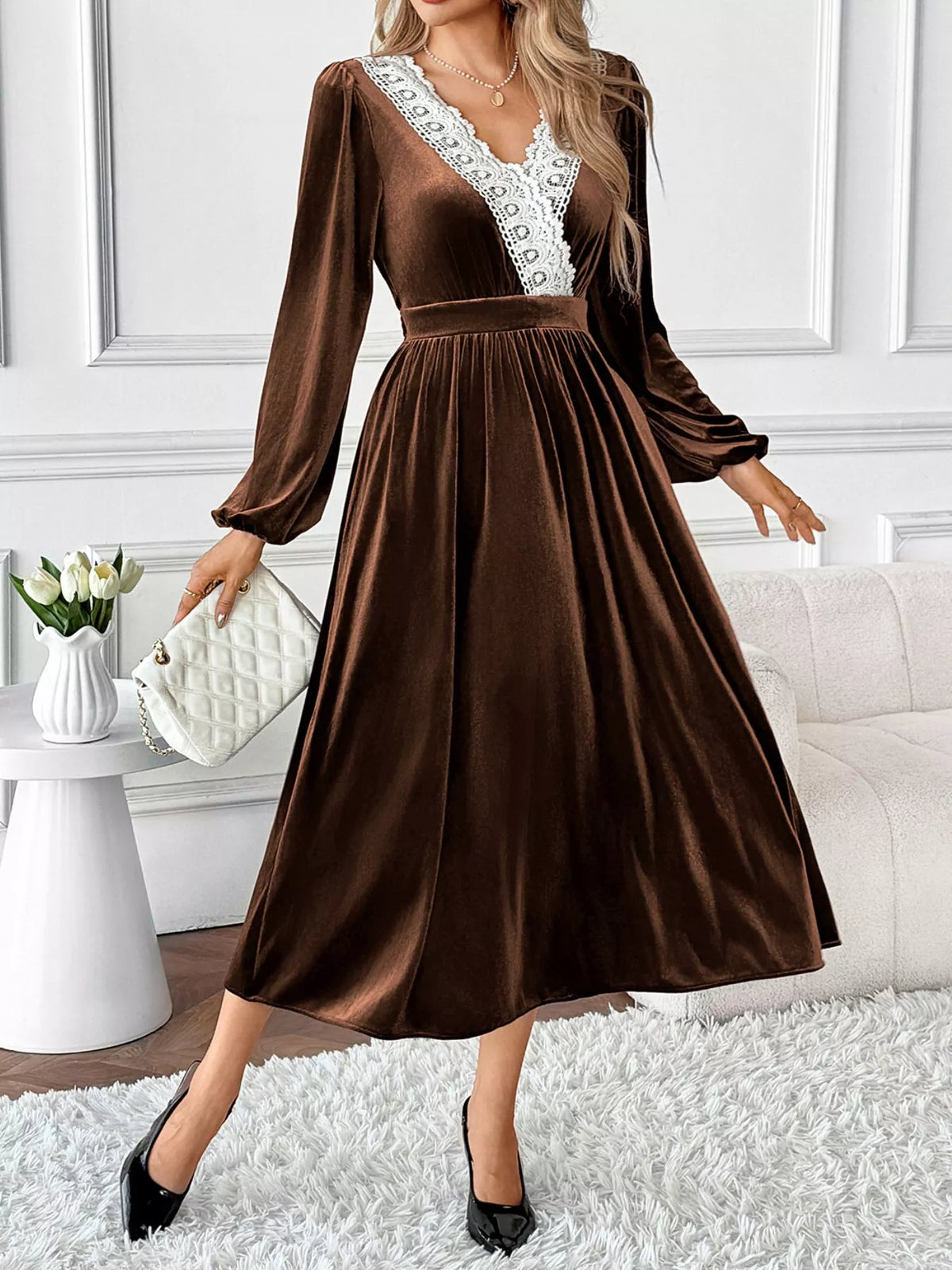 A-Line Velvet Dress with Lace Trim in Brown