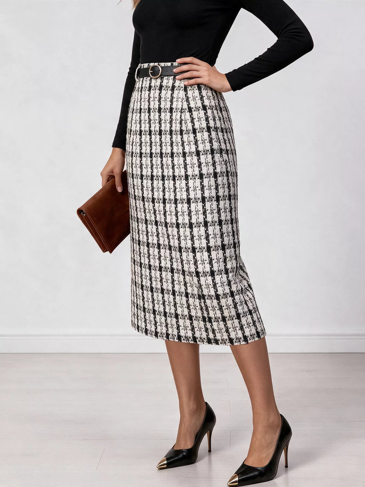 Black High-Waisted Tweed Plaid Midi Skirt
