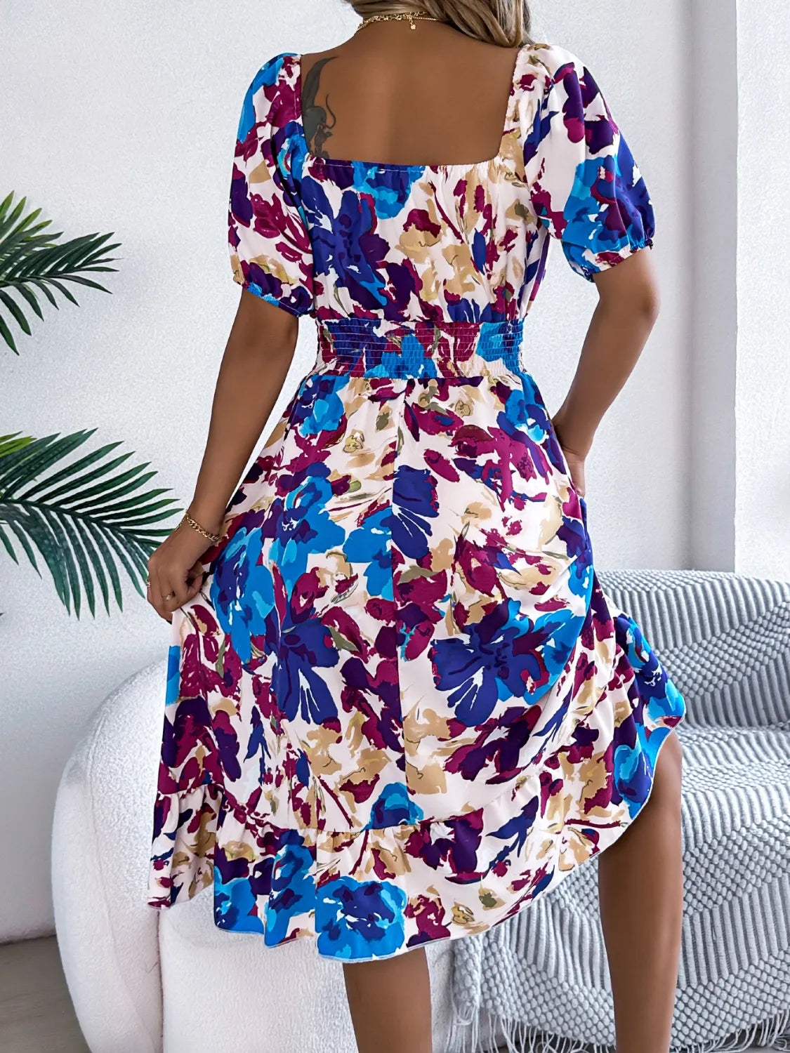 Ruffled Hem Smocked Floral Short Sleeve Midi Dress