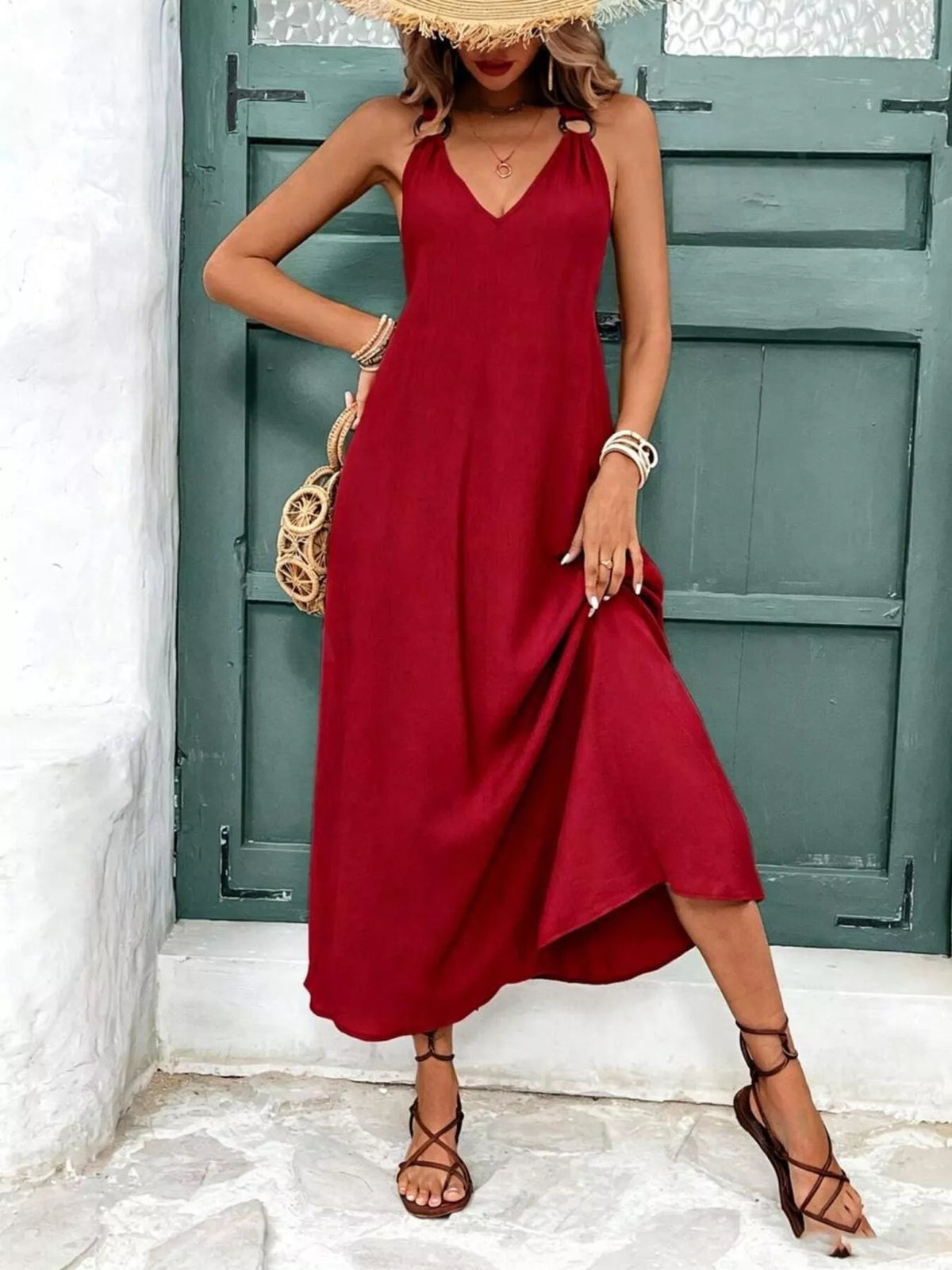 V-Neck Sleeveless Midi Dress in Burgundy