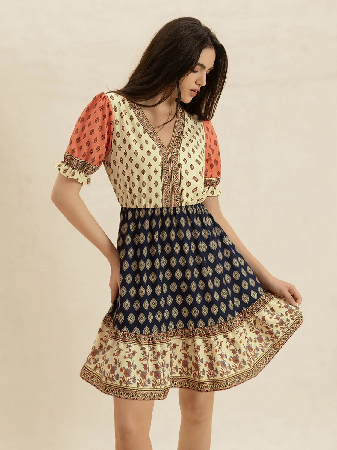 Printed V-Neck Ruched Dress in Tan