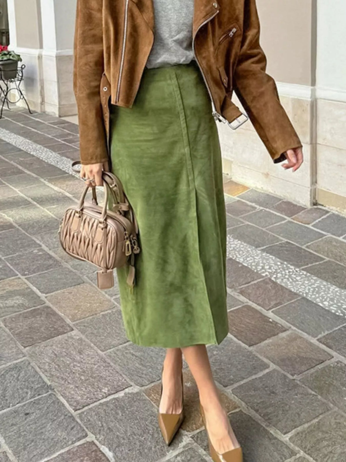 Slit Midi Skirt in Matcha Green