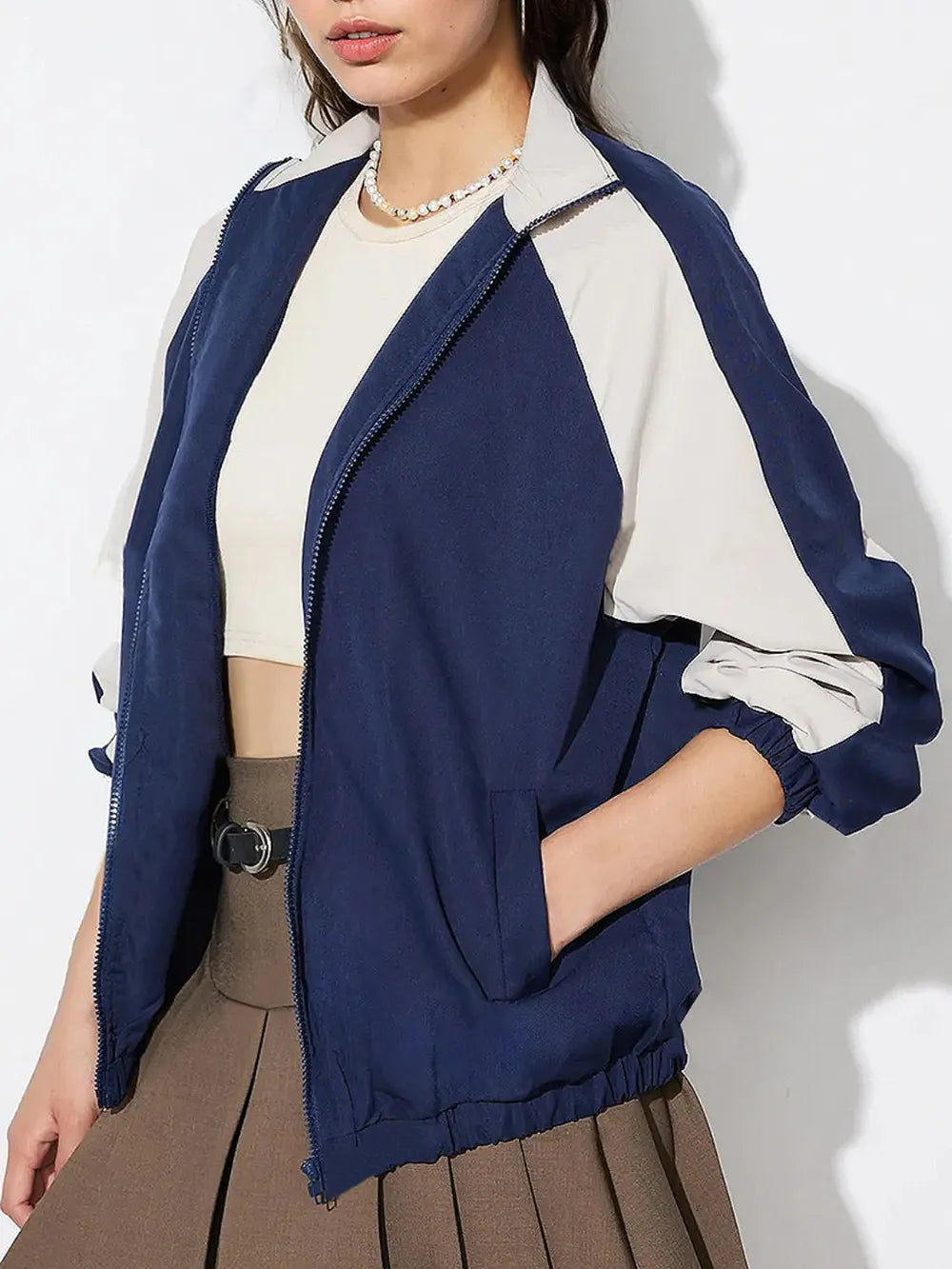 Contrast Zip-Up Jacket in Dark Blue