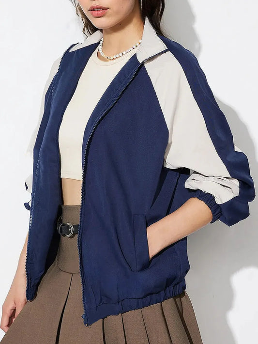 Contrast Zip-Up Jacket in Dark Blue