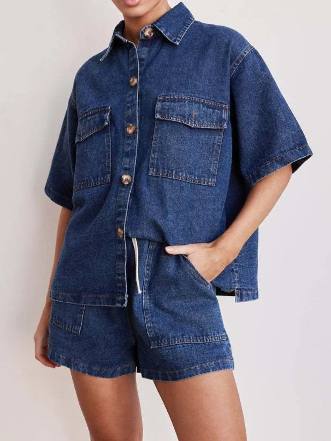 Button-Up Short Sleeve Denim Top and Shorts Set