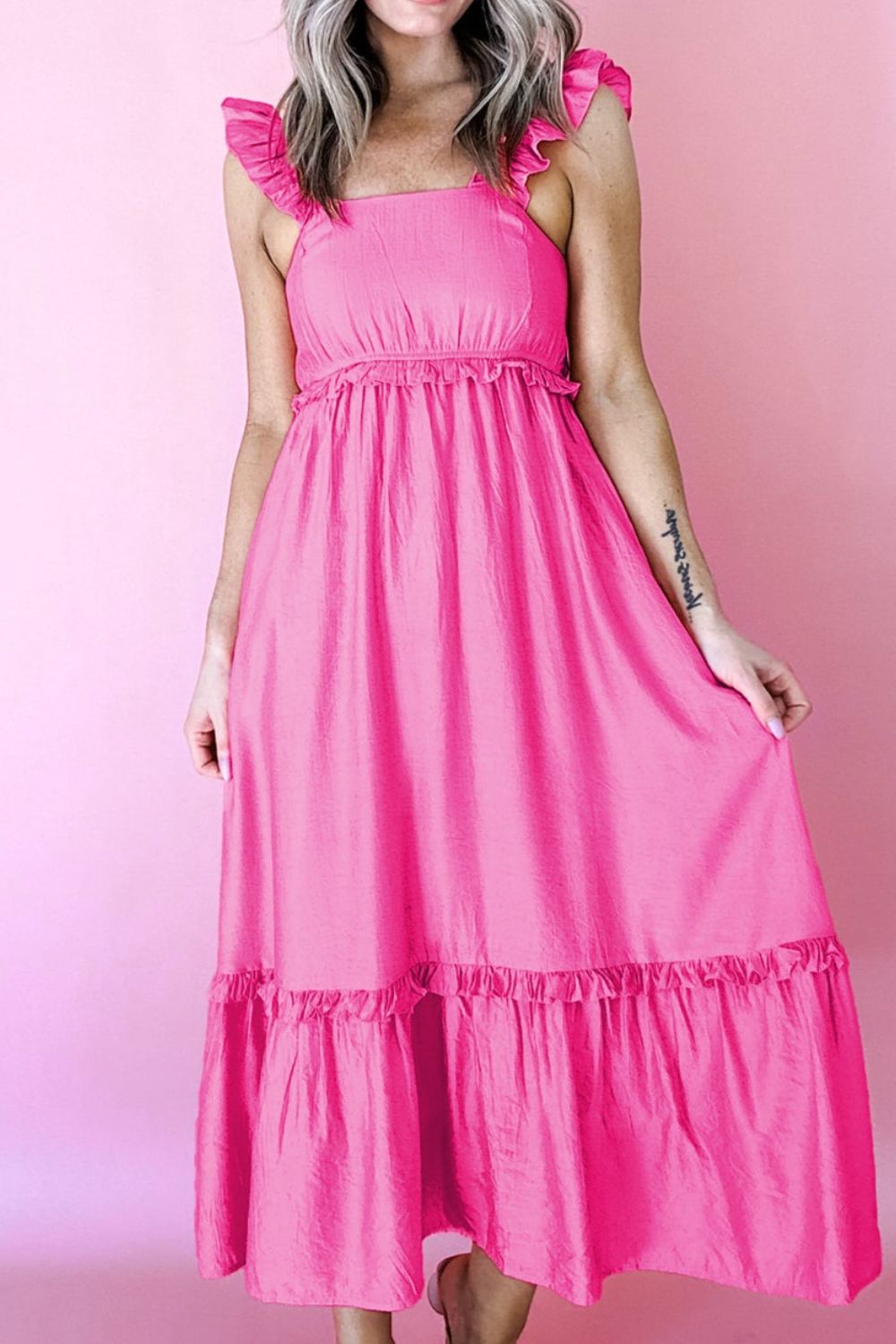 High Waist Ruffle Trim Maxi Dress in Fuchsia Pink