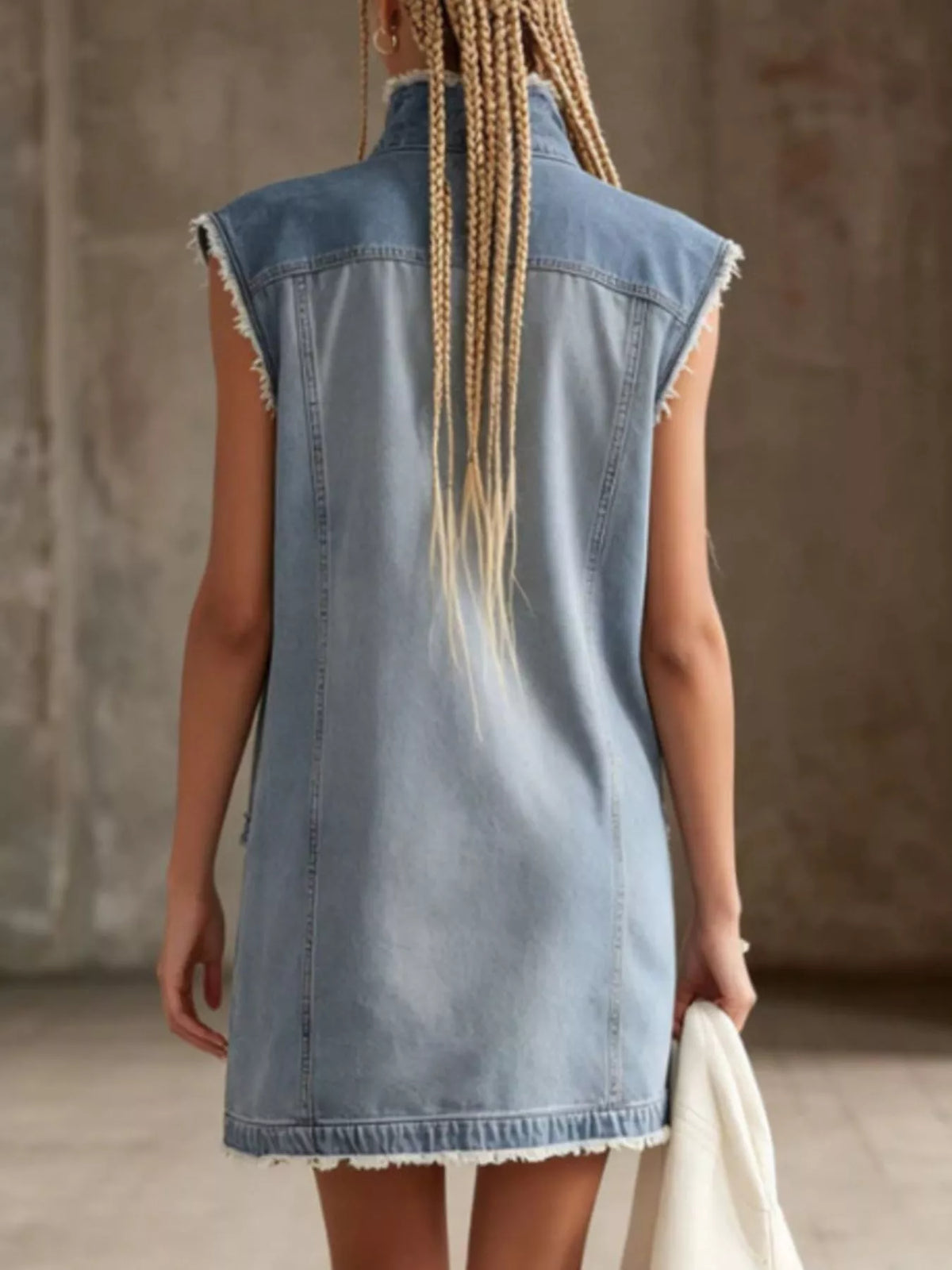 Frayed Hem Zip-Front Denim Mini Dress in Blue