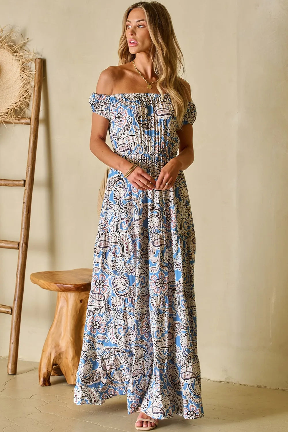 Off-Shoulder Short Sleeve Dress in Light Blue