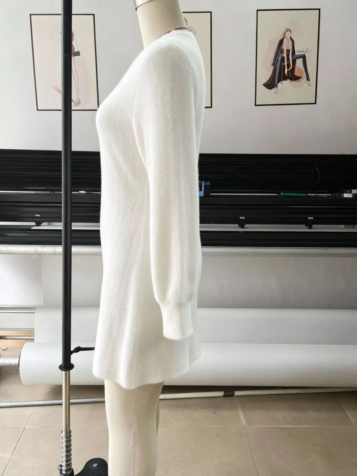 Fuzzy V-Neck Long Sleeve Sweater Dress