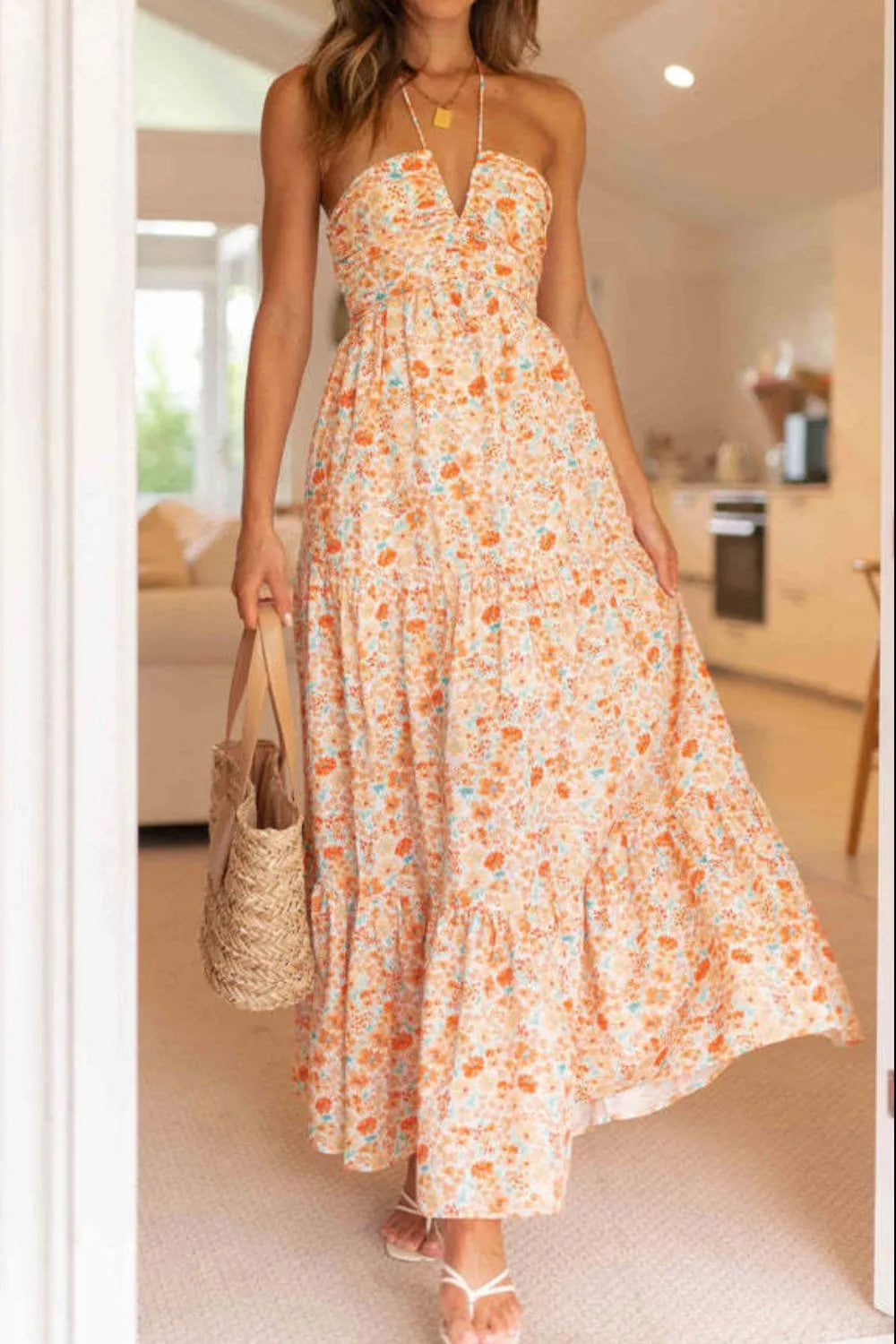 Floral Halter Tiered Maxi Dress in Watermelon Pink