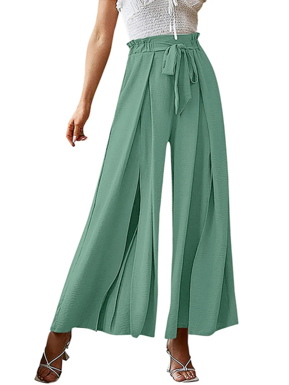 Wide Leg Pants with Tie and Slit