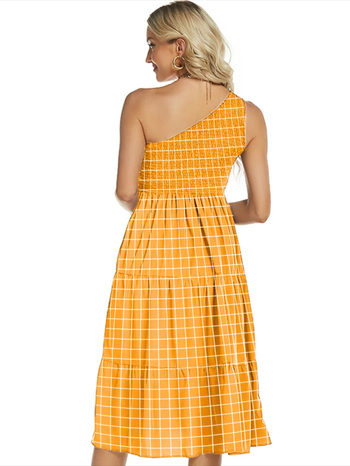One-Shoulder Smocked Tiered Midi Dress by ArtisticExpression