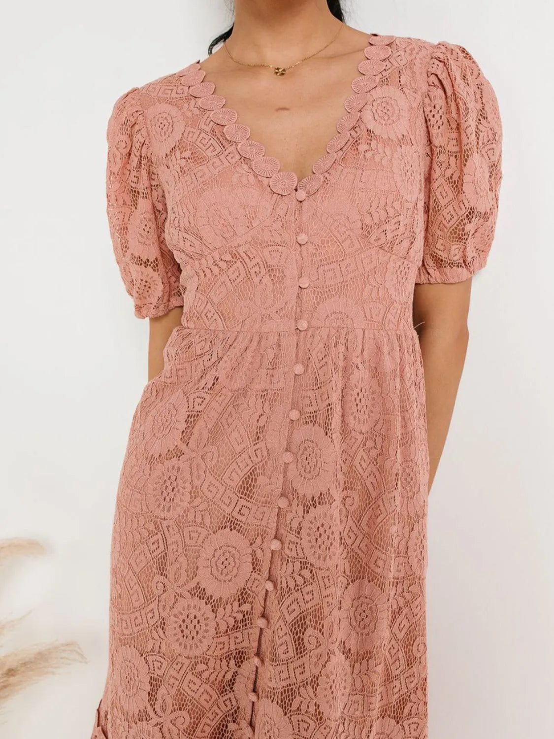 Lace V-Neck Short Sleeve Dress in Dusty Pink
