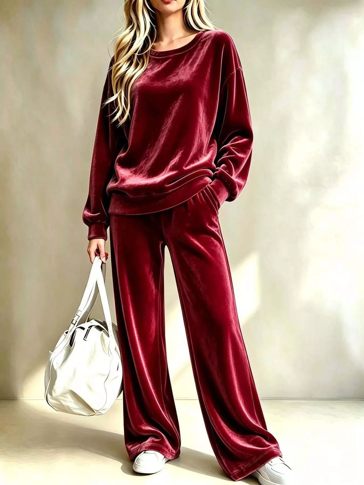 Dropped Shoulder Velvet Top and Wide Leg Pants Set