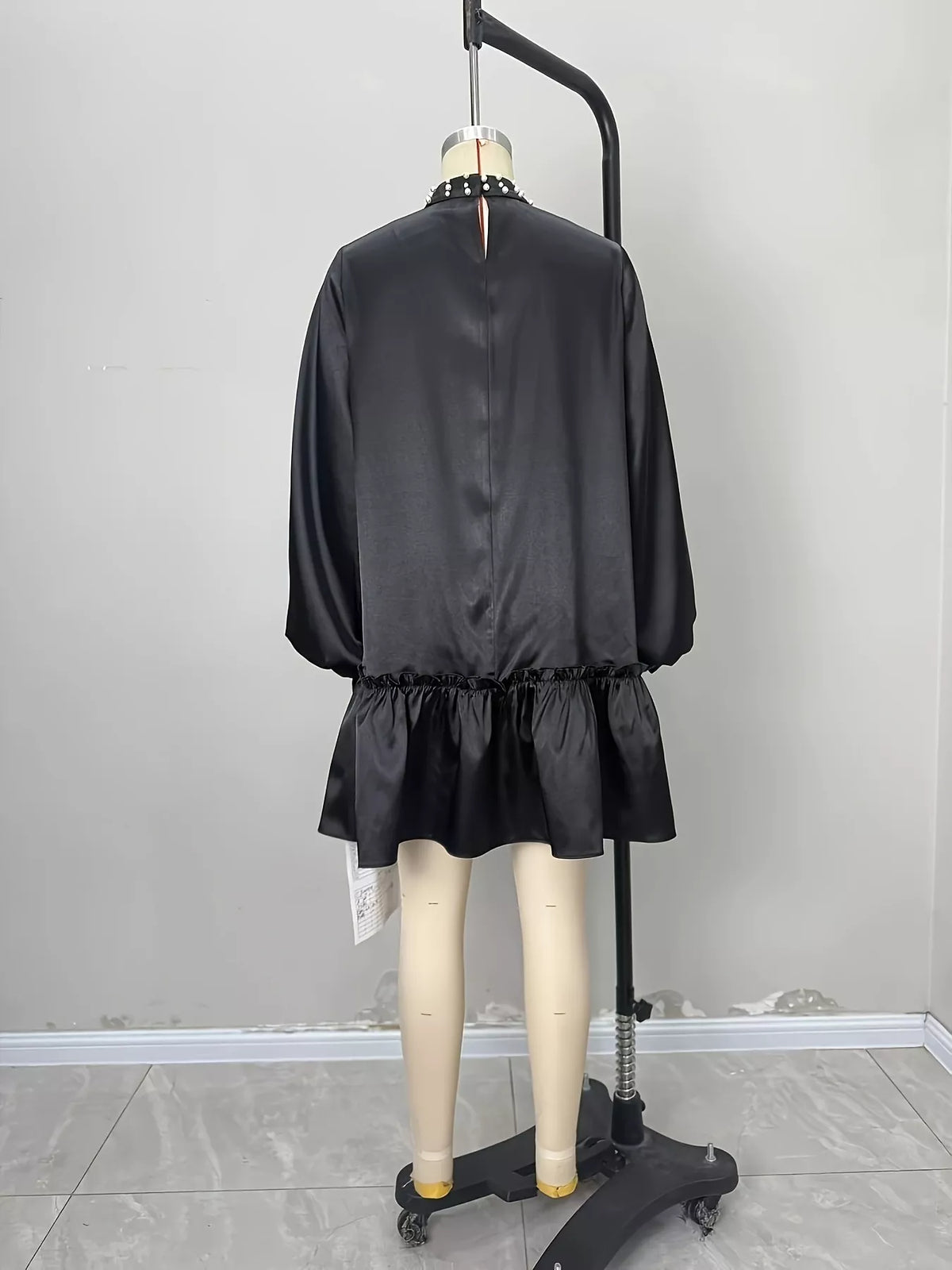 Pearl-Embellished Ruffle Hem Dress in Black