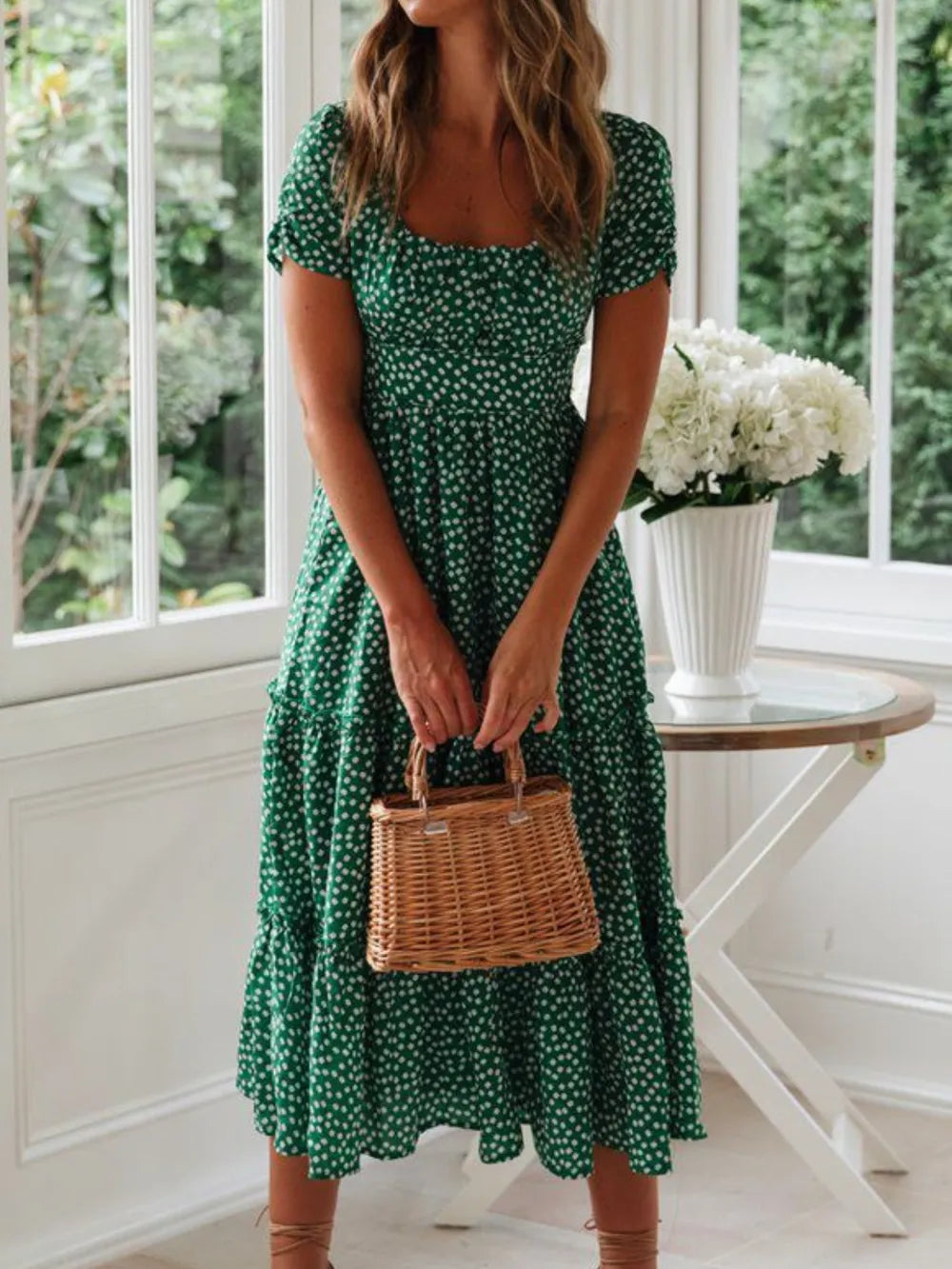 Printed Square Neck Midi Dress by Ease Mee