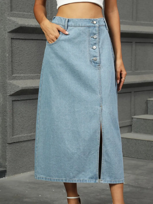 Slit Button-Detail Denim Midi Skirt by Moni Wear