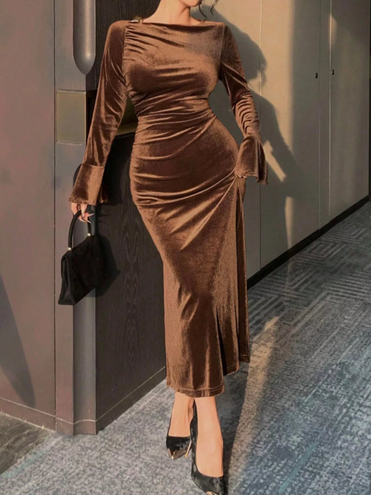 Velvet Ruched Bodycon Midi Dress in Brown