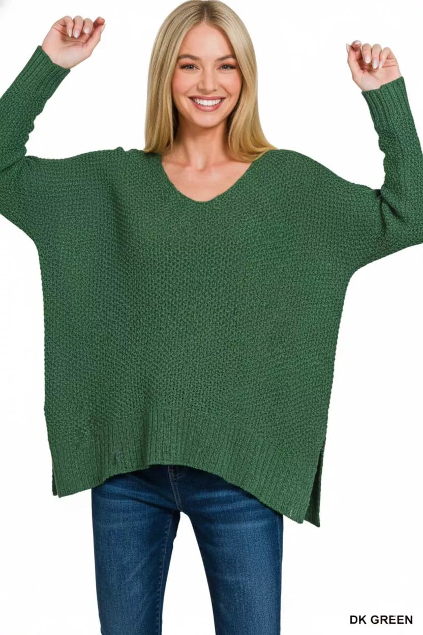 Zenana Dolman Sleeve V-Neck Sweater in Dark Green in Dk green