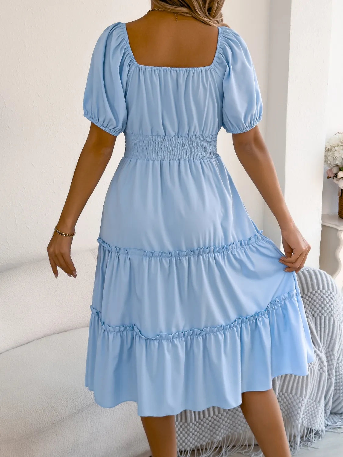 Square Neck Puff Sleeve Smocked Dress
