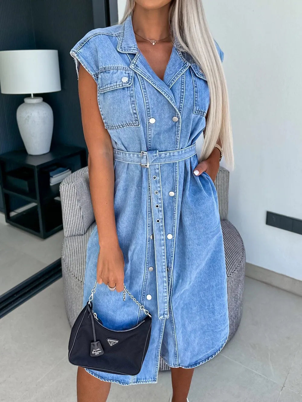 Collared Cap Sleeve Denim Dress by Y.Y@Denim