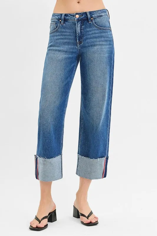 Risen Tummy Control Mid Rise Crop Wide Leg Jeans in Dark Wash