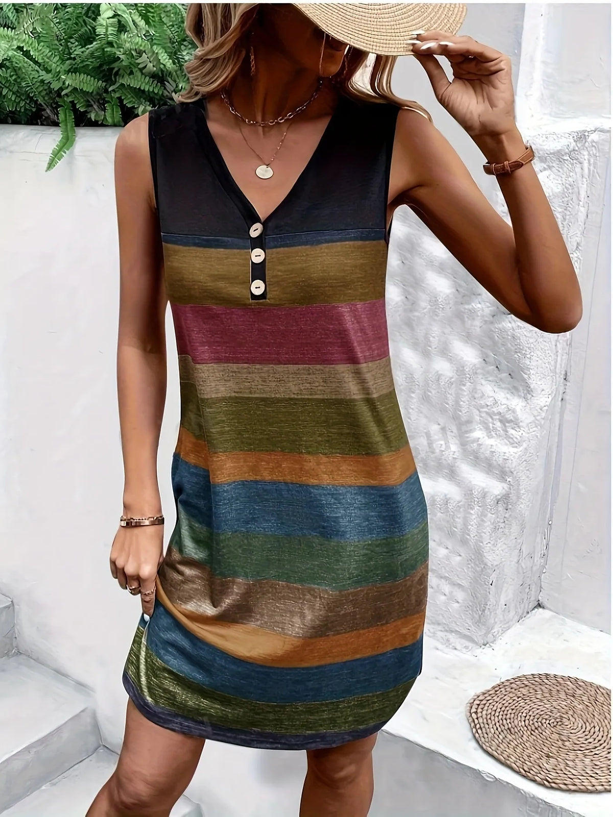 Color-Block Sleeveless V-Neck Tank Dress in Stripe