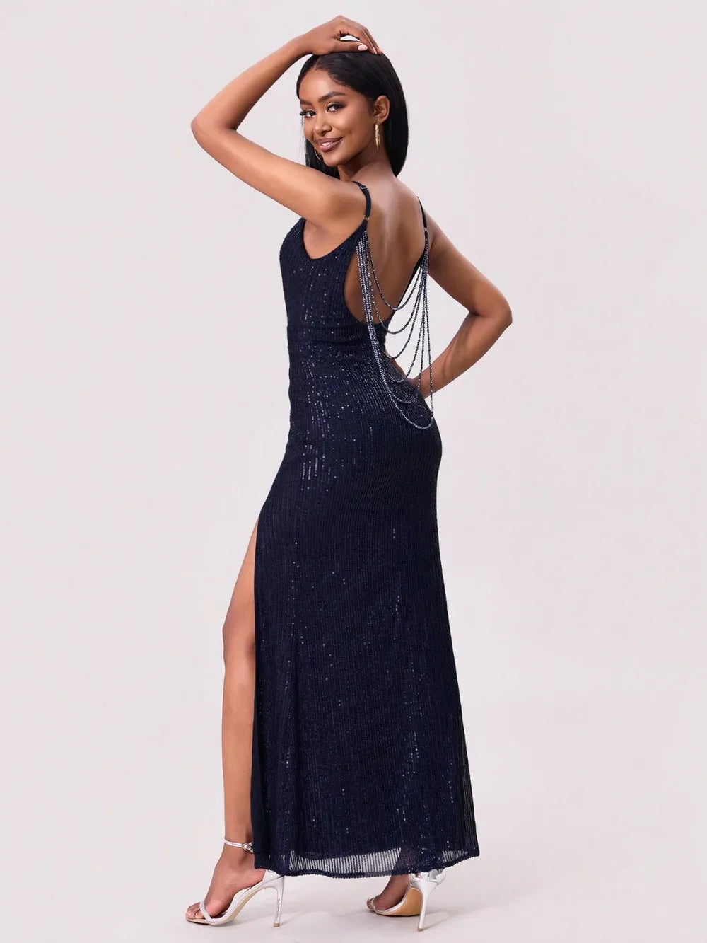 Sequin Backless Maxi Dress in Navy by Jubilair