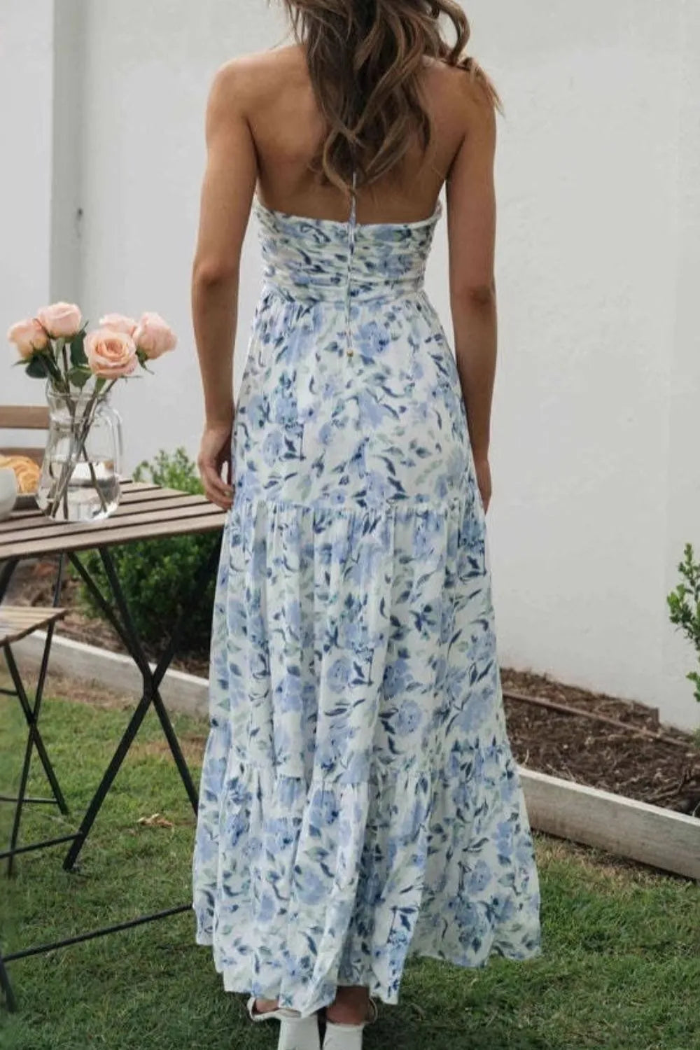 Floral Halter Tiered Maxi Dress in Watermelon Pink