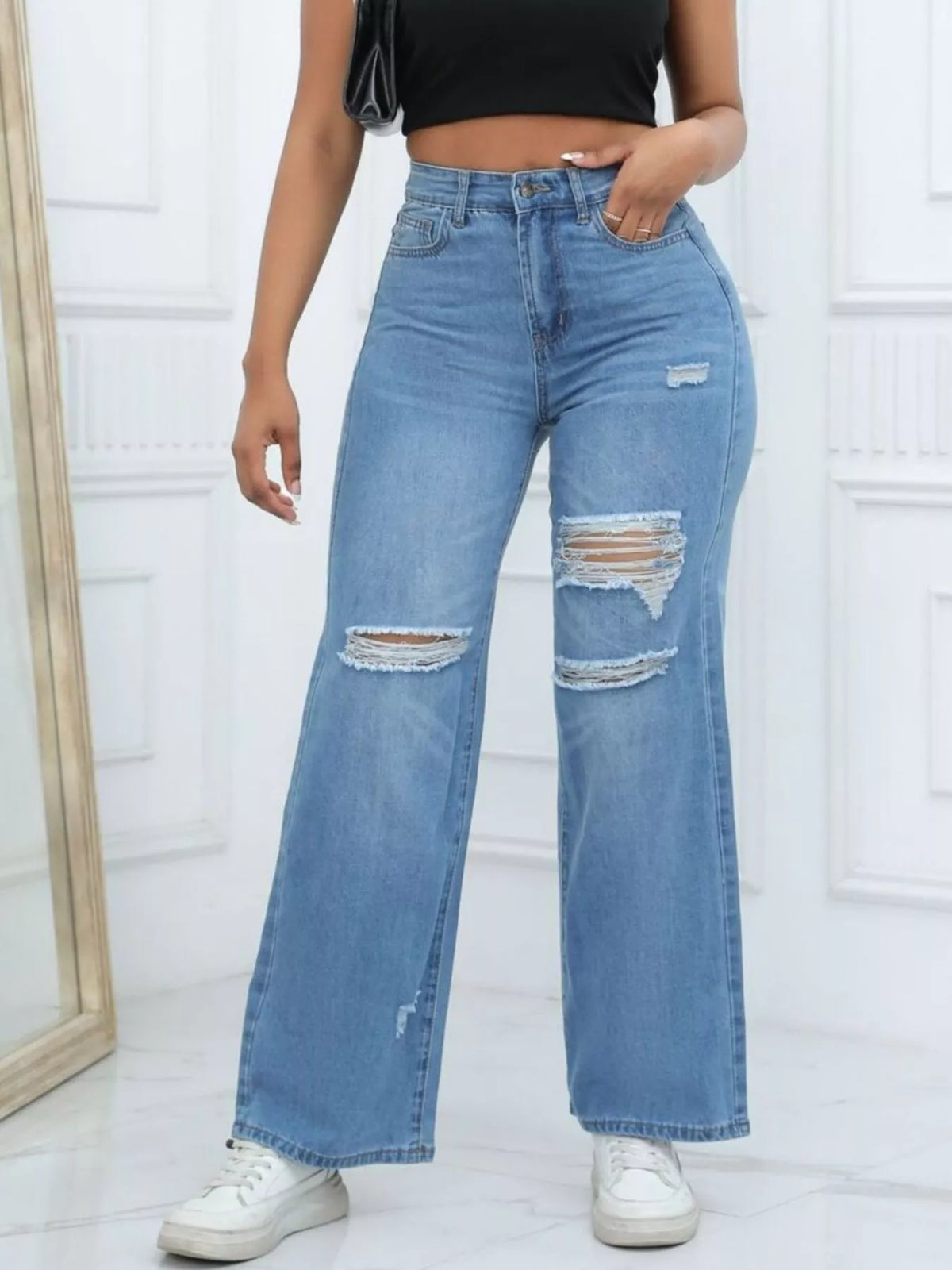 Distressed Wide Leg Jeans with Cat's Whisker Detail