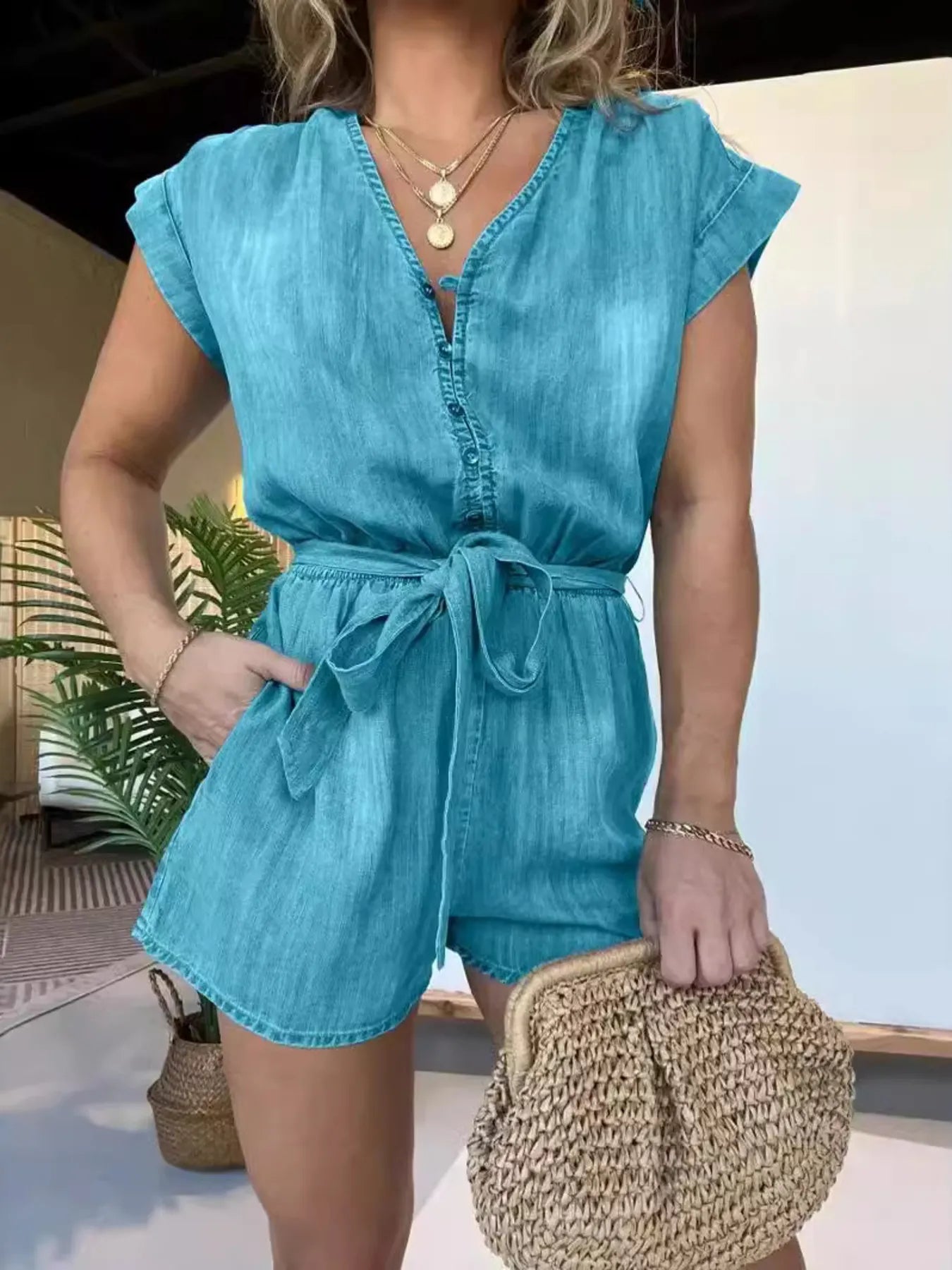 Tie-Waist Cap Sleeve Denim Romper