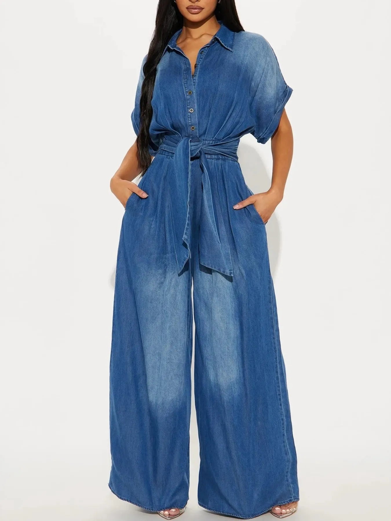 Button Front Wide Leg Denim Jumpsuit