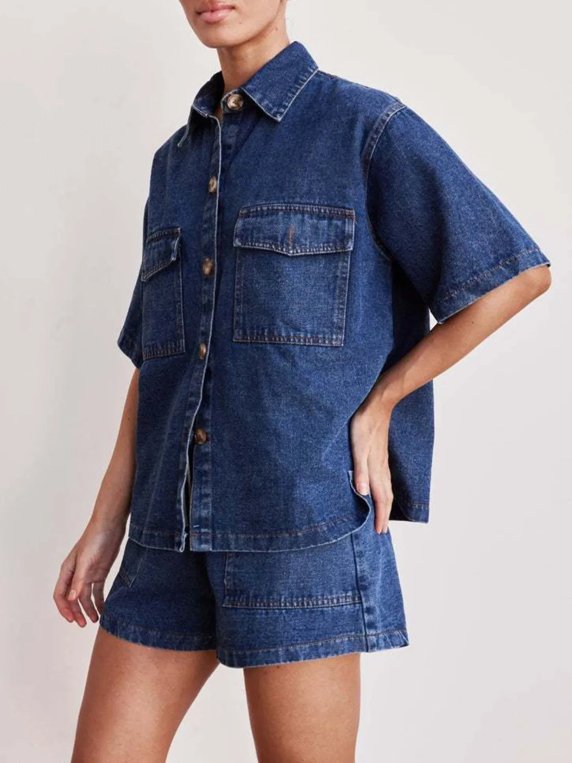 Button-Up Short Sleeve Denim Top and Shorts Set