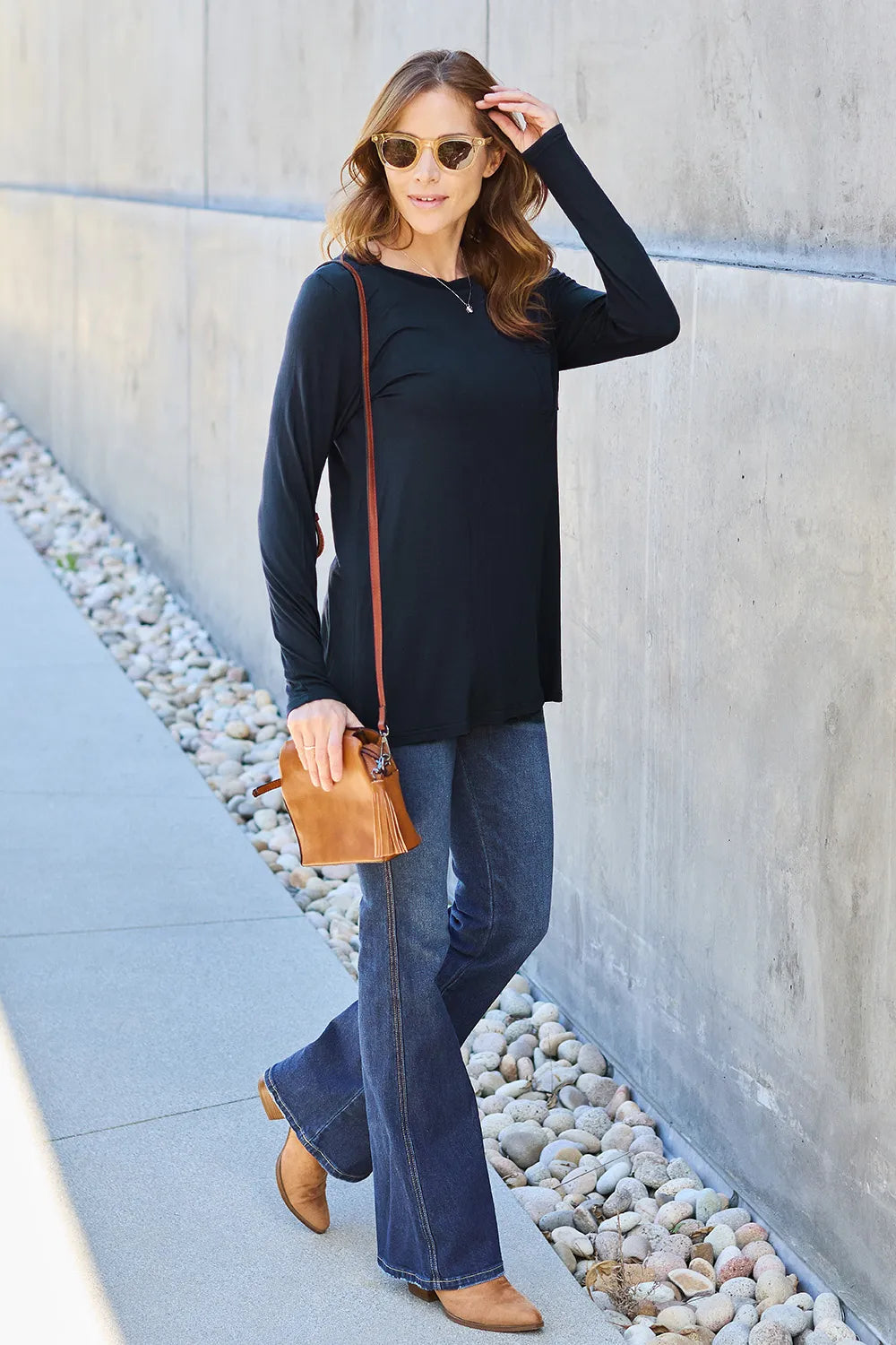 Basic Bae Pocketed Round Neck Long Sleeve Top