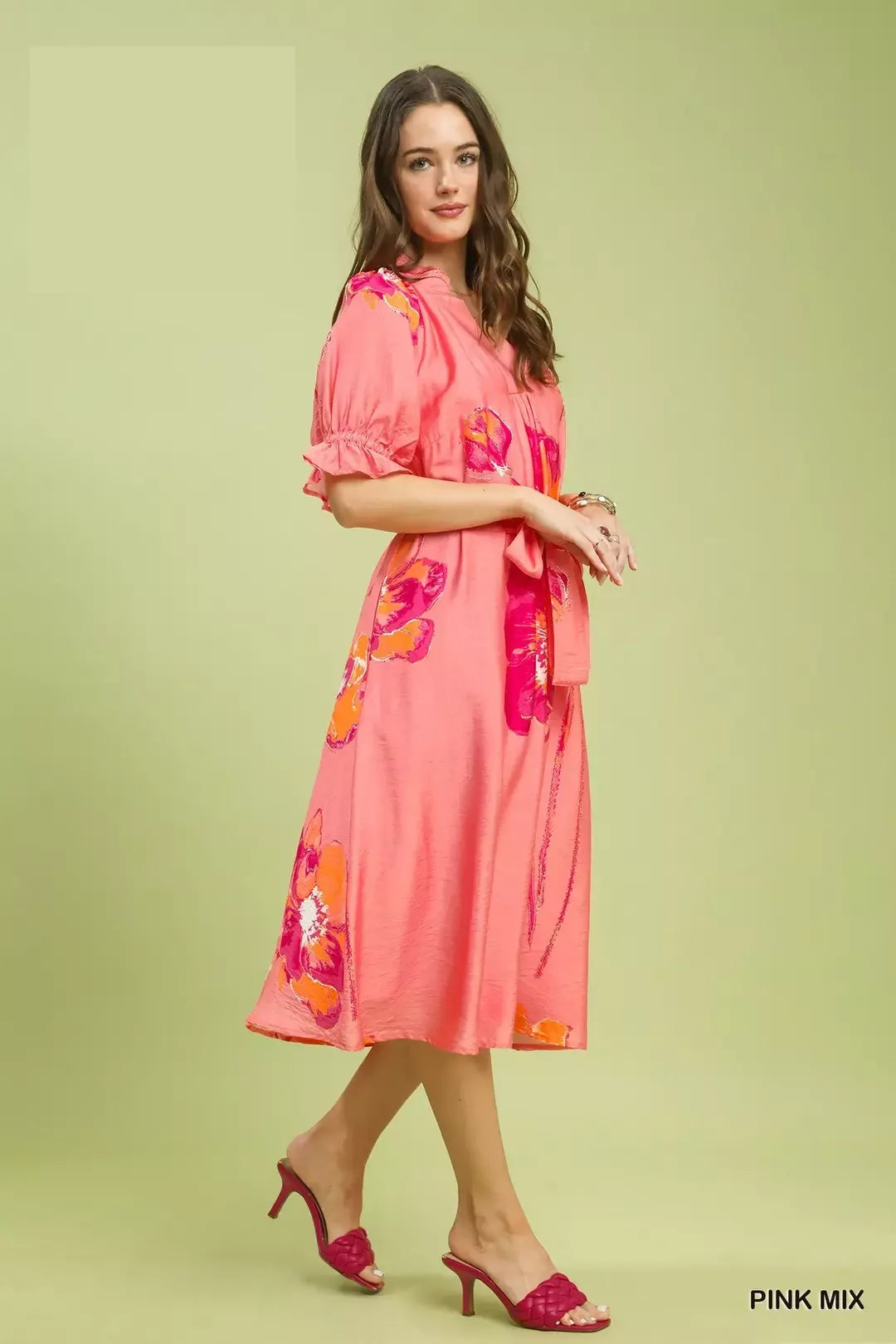 Umgee Belted Floral Flounce Sleeve Midi Dress in Pink Mix in Pinkmix