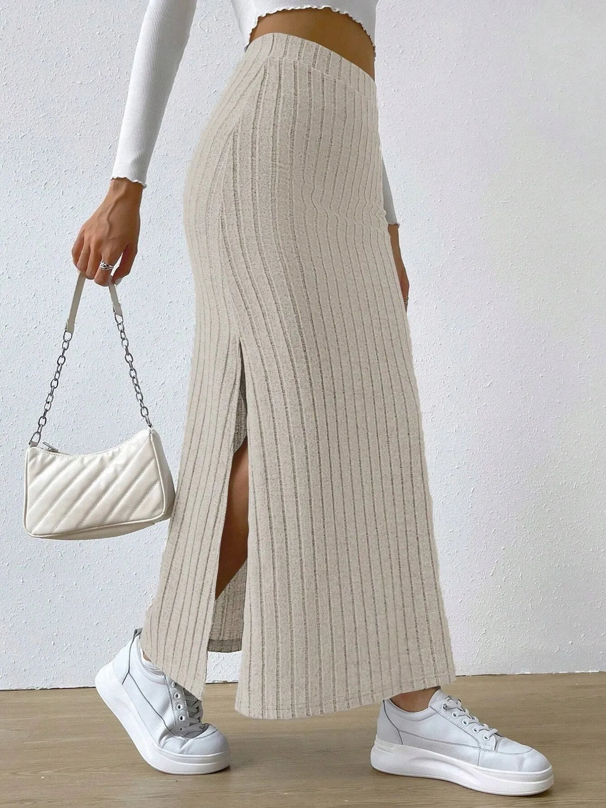 High-Waisted Ribbed Knit Maxi Skirt