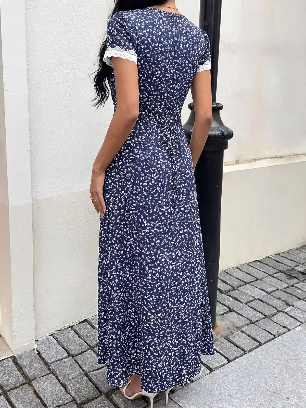 Floral Print Lace Trim Maxi Dress in Navy