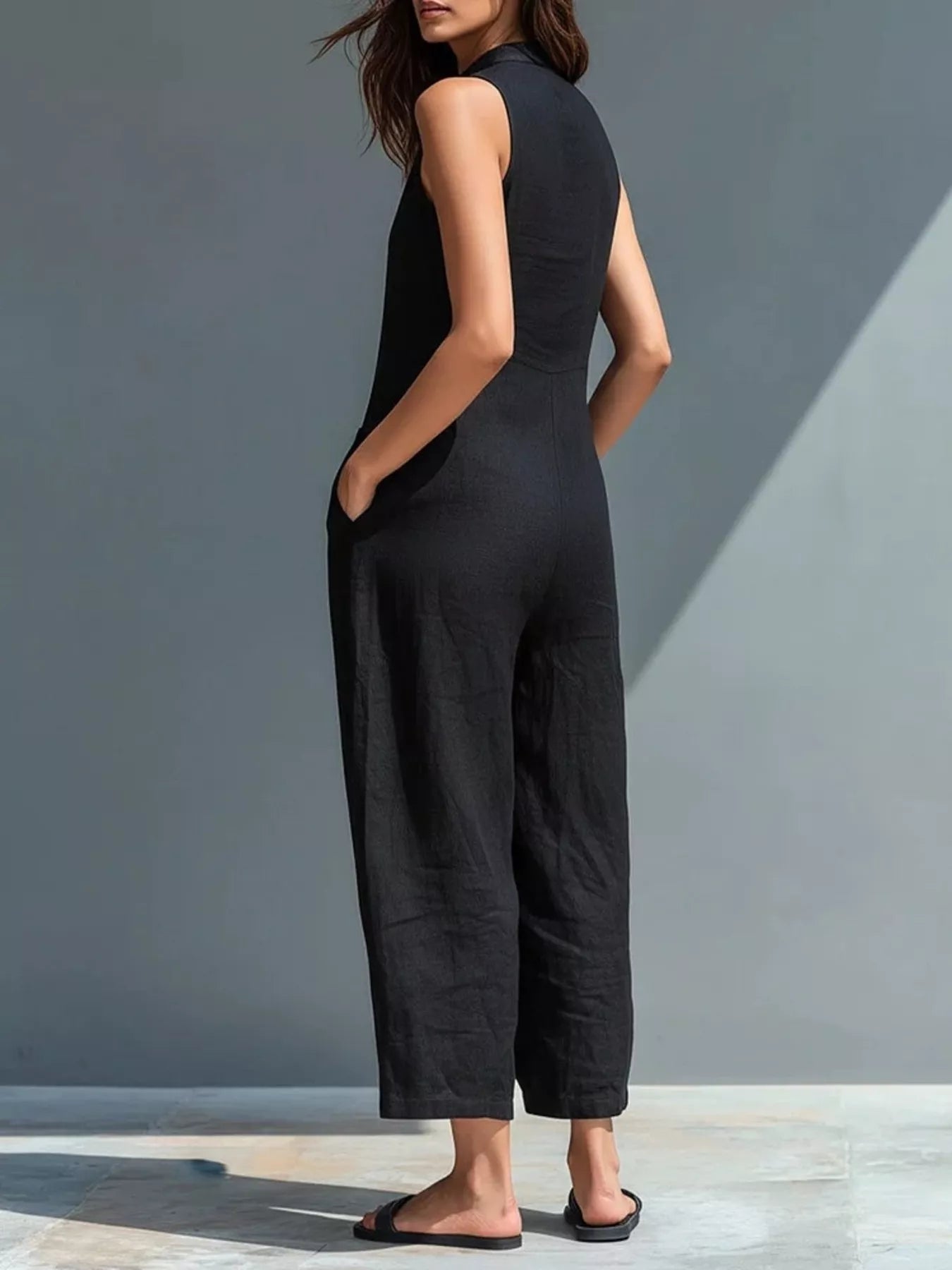 Button Front Sleeveless Jumpsuit
