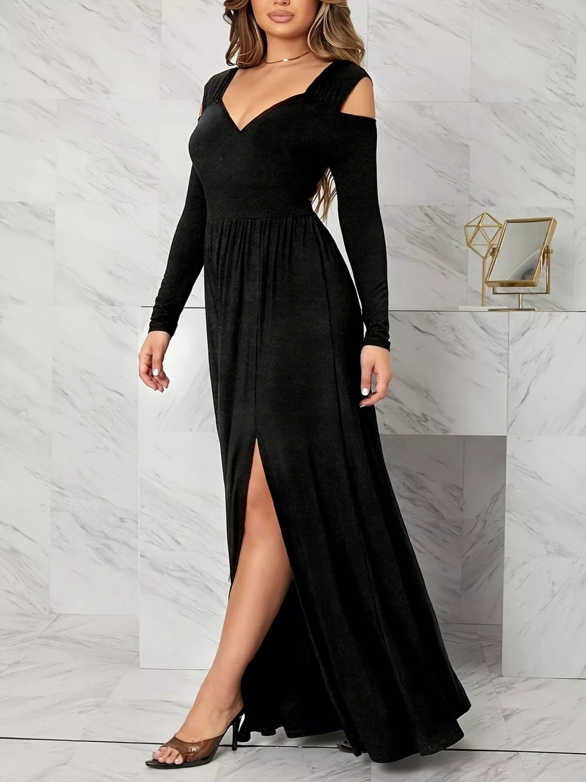 Cold Shoulder Slit Maxi Dress in Black