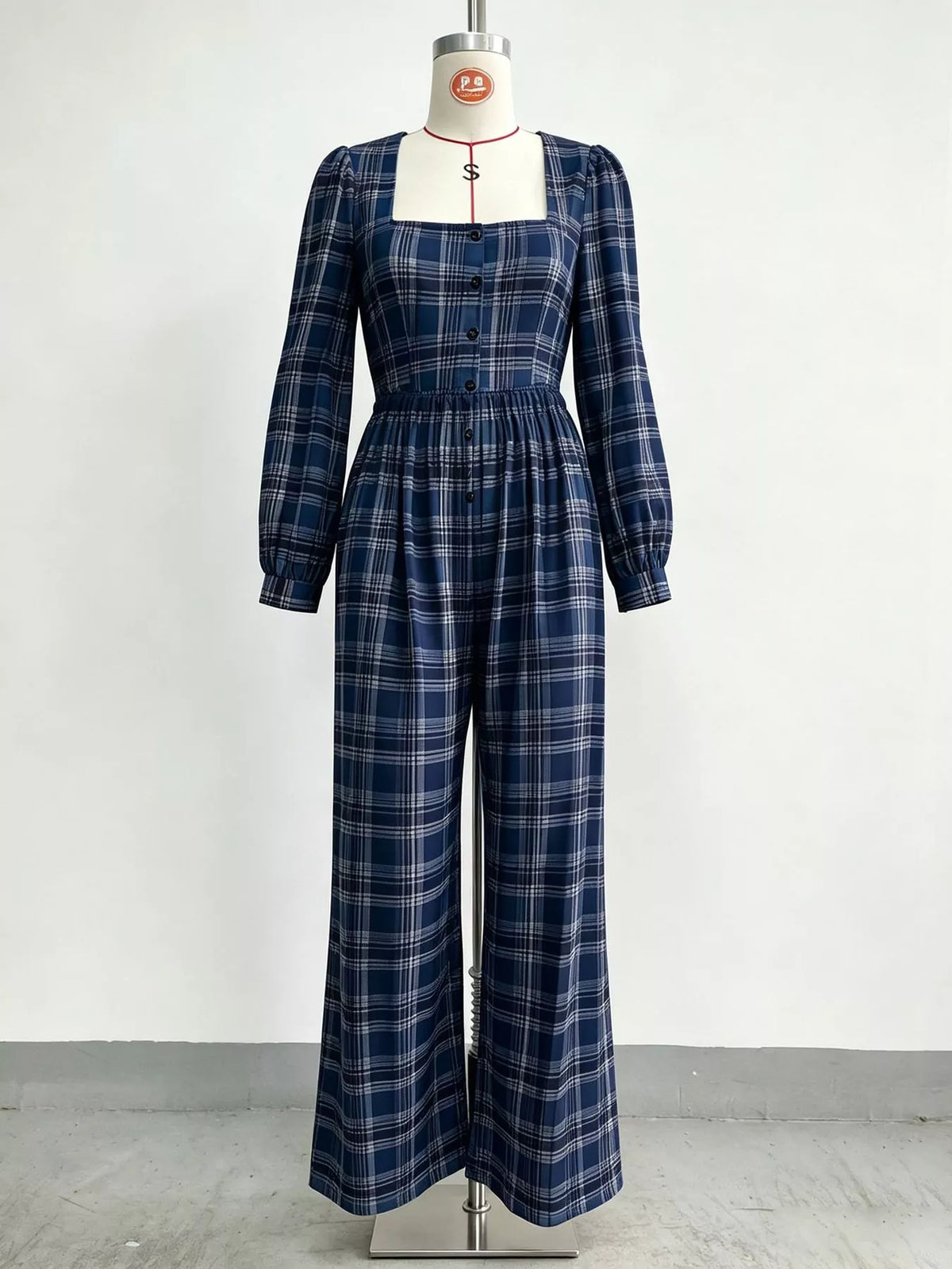 Plaid Square-Neck Wide-Leg Jumpsuit
