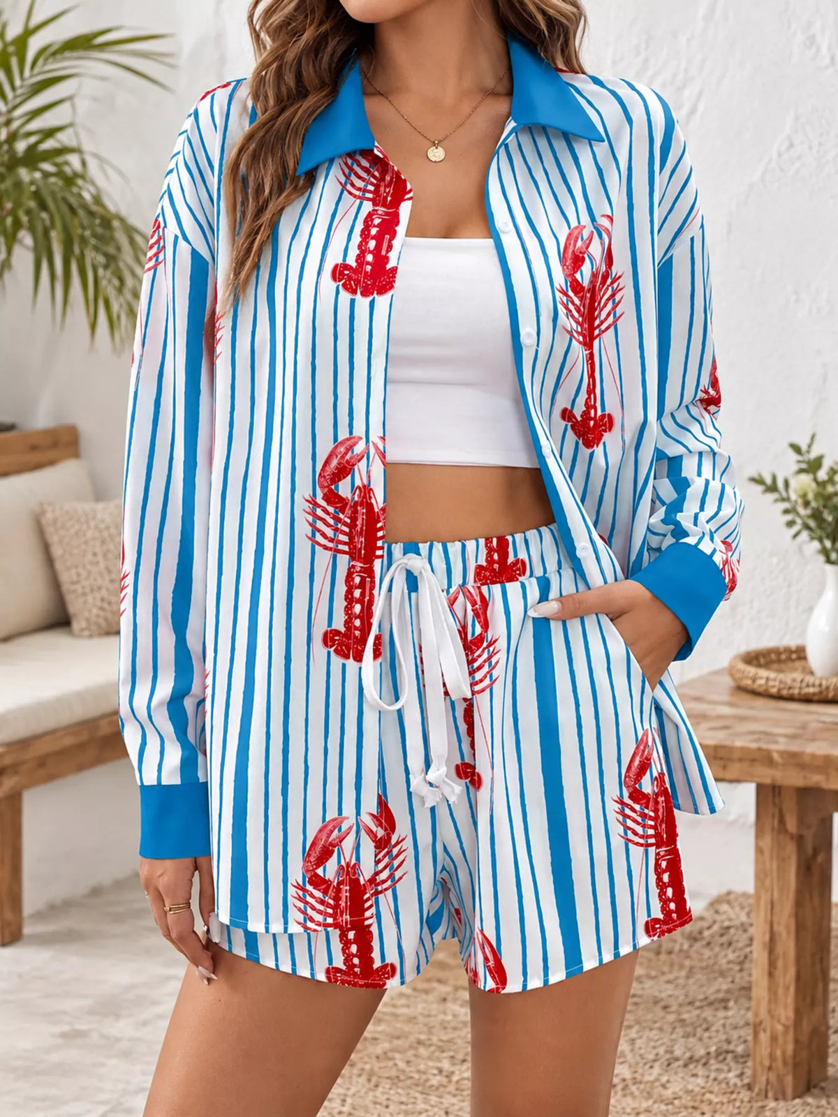 Lobster Print Striped Shirt and Shorts Set in Light Blue